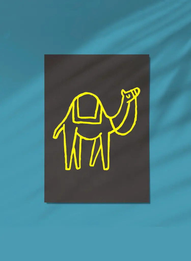 Postcard, camel yellow on gray
